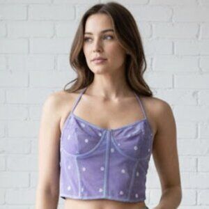 MAPALE Lilac Heart Embroidered Mesh Longline Bustier Bra Romantic - Size S